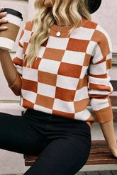 Checkered Drop Shoulder Sweater - Khaki Knit | Femstylo - Femstylo