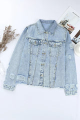 Light Blue Distressed Denim Jacket with Raw Hem – Femstylo