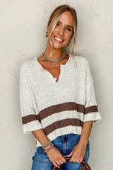 Brown Stripe Cropped Drop Sleeve Sweater - Femstylo