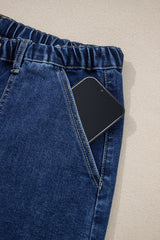 Prussian Blue Drawstring Seam Detail Raw Hem Wide Leg Jeans