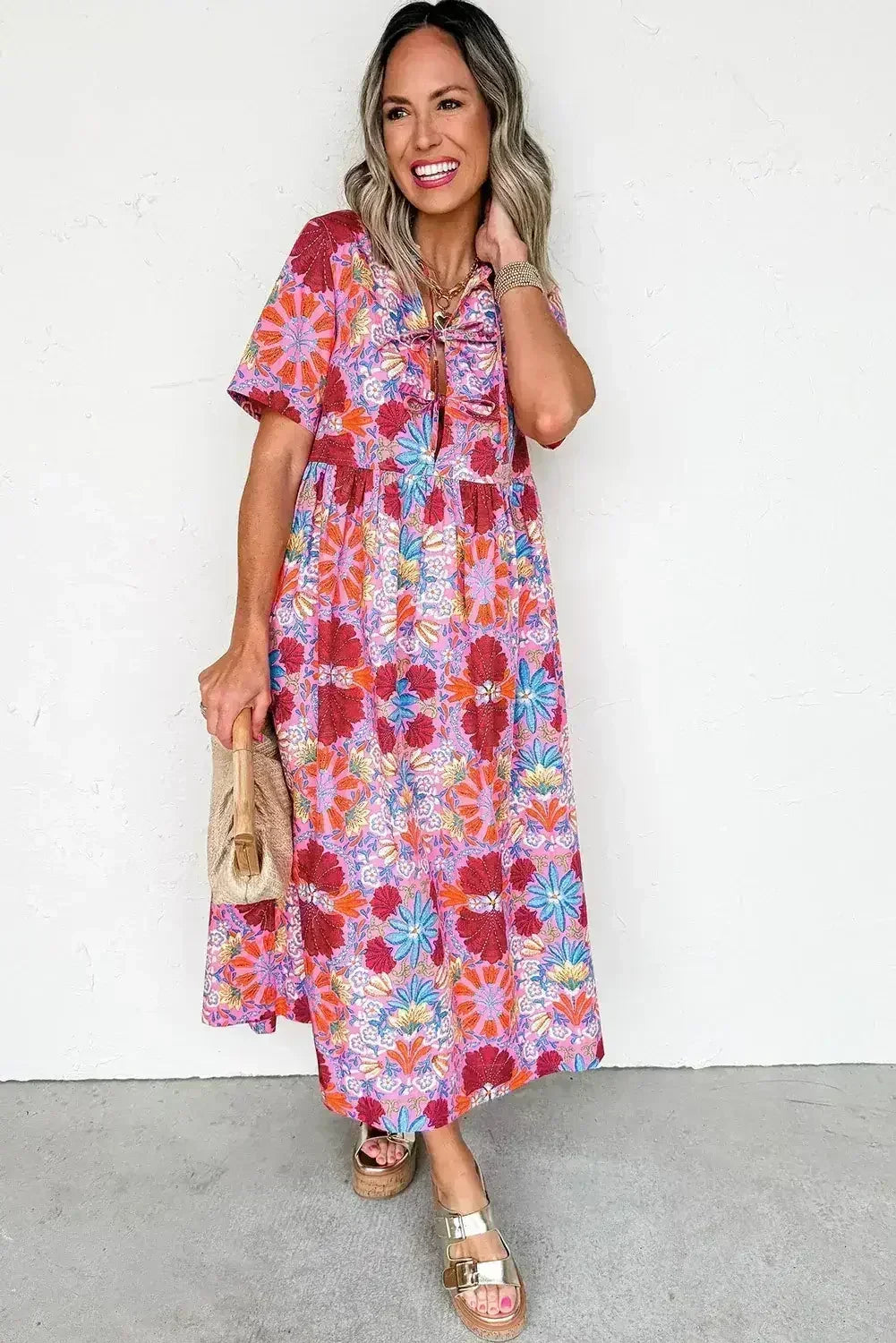 Rose Floral Print Tie Front High Waist Loose Midi Dress - Femstylo
