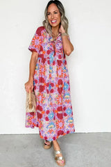 Rose Floral Print Tie Front High Waist Loose Midi Dress - Femstylo