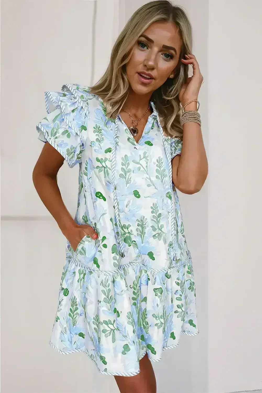 Sky Blue Floral Contrast Edge Ruffle Sleeve Tie Neck Mini Dress - Femstylo