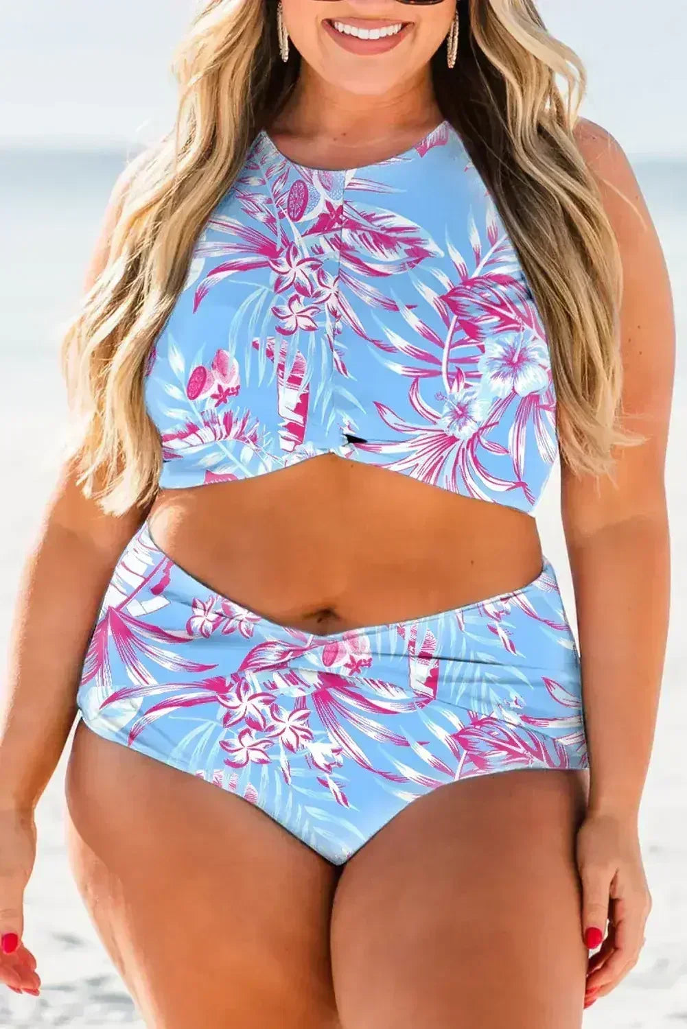 Rose Plus Size Floral Print Twisted High Waist Bikini Set - Femstylo