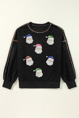 Black Colorful Stitch Trim Santa Claus Sequins Patch Baggy Sweatshirt