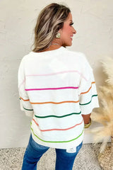 White Striped Half Sleeve Drop Shoulder Sweater - Femstylo