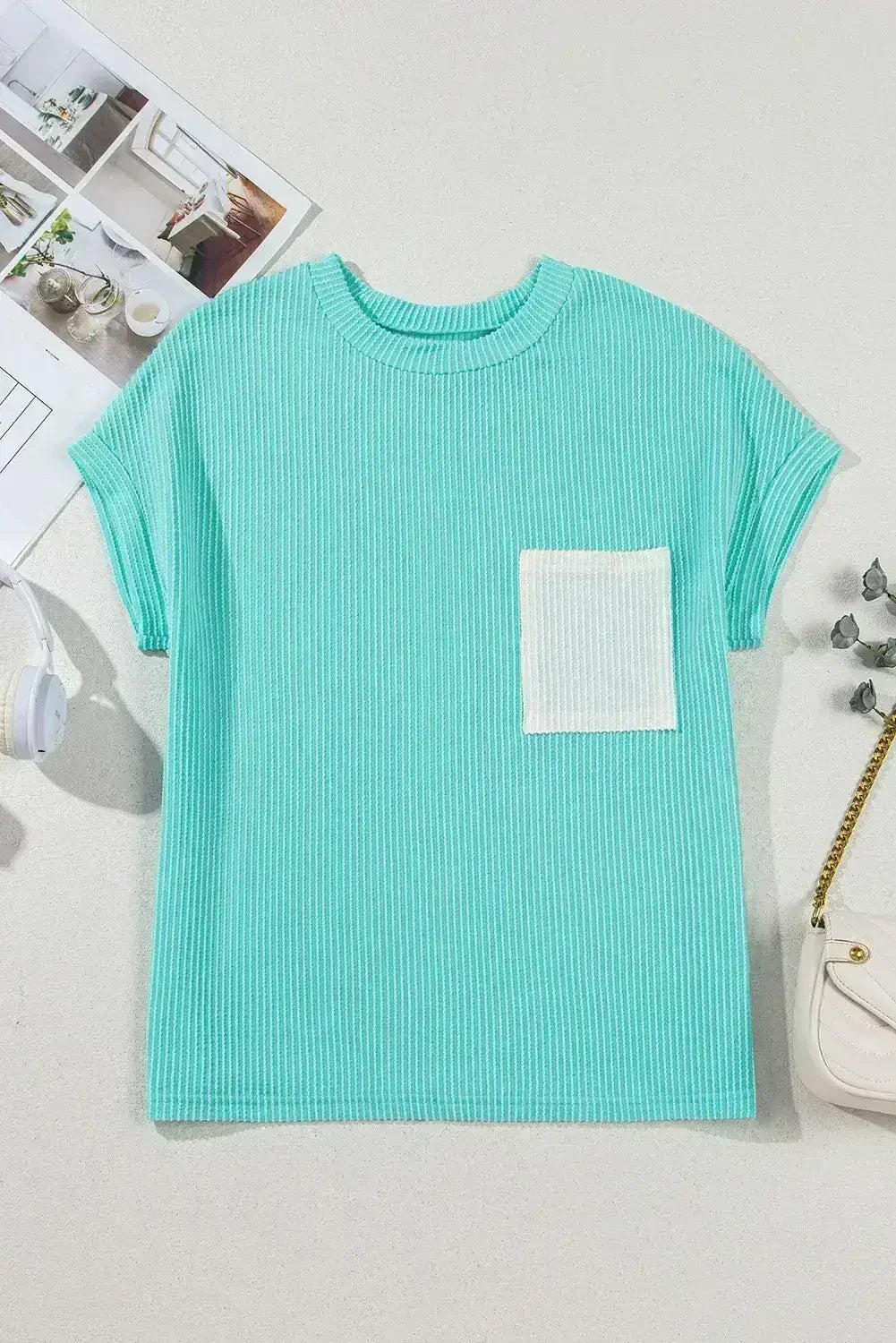 Pink Corded Colorblock Pocket Crew Neck T Shirt - Femstylo