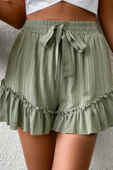Laurel Green Textured Tie Waist Ruffle Hem Shorts - Femstylo