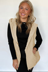 Pale Khaki Quilted Padded Casual Winter Jacket Vest with Fleece Lining