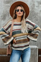 Multi-color Dropped Shoulder Striped Relaxed Sweater - Femstylo