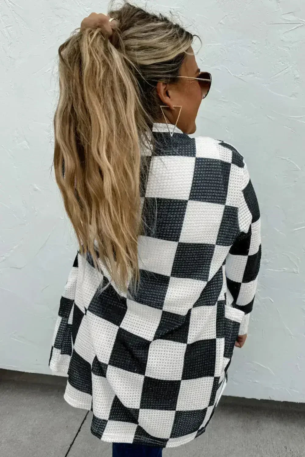 Black Checkered Waffle Knit Thumbhole Open Front Cardigan - Femstylo