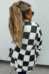 Black Checkered Waffle Knit Thumbhole Open Front Cardigan - Femstylo