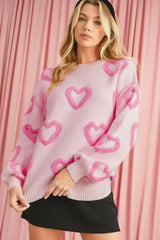 Pink Heart Shape Bubble Sleeve Baggy Sweater - Femstylo
