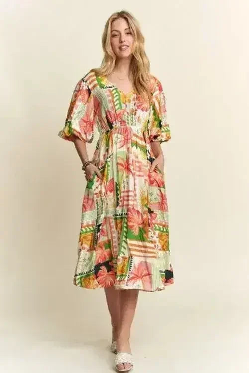ADORA Floral V-Neck Puff Sleeve Midi Dress - Femstylo