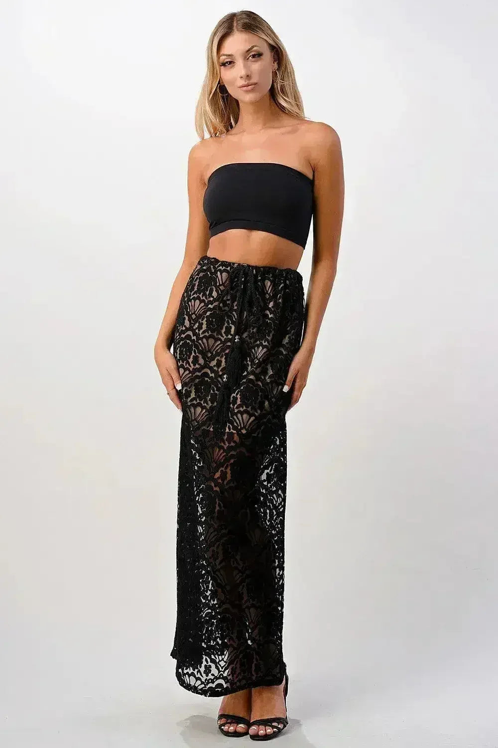 Sheer Lace Maxi Skirt with Drawstring Waist - Femstylo