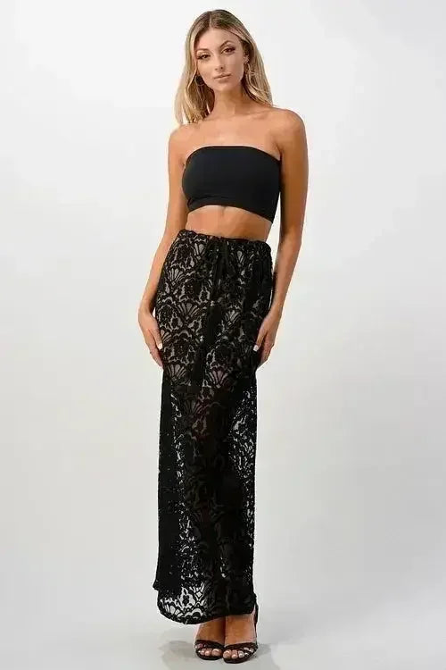 Sheer Lace Maxi Skirt with Drawstring Waist - Femstylo