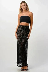 Sheer Lace Maxi Skirt with Drawstring Waist - Femstylo