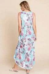 BOMBOM Floral Round Neck Sleeveless Maxi Dress with Pockets - Femstylo