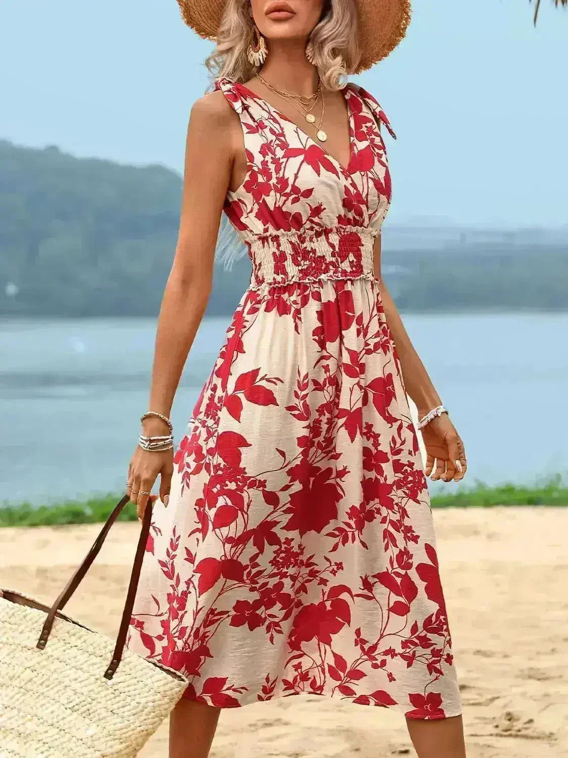 Smocked Surplice Midi Dress - Viscose Flowy Dress | Femstylo - Femstylo