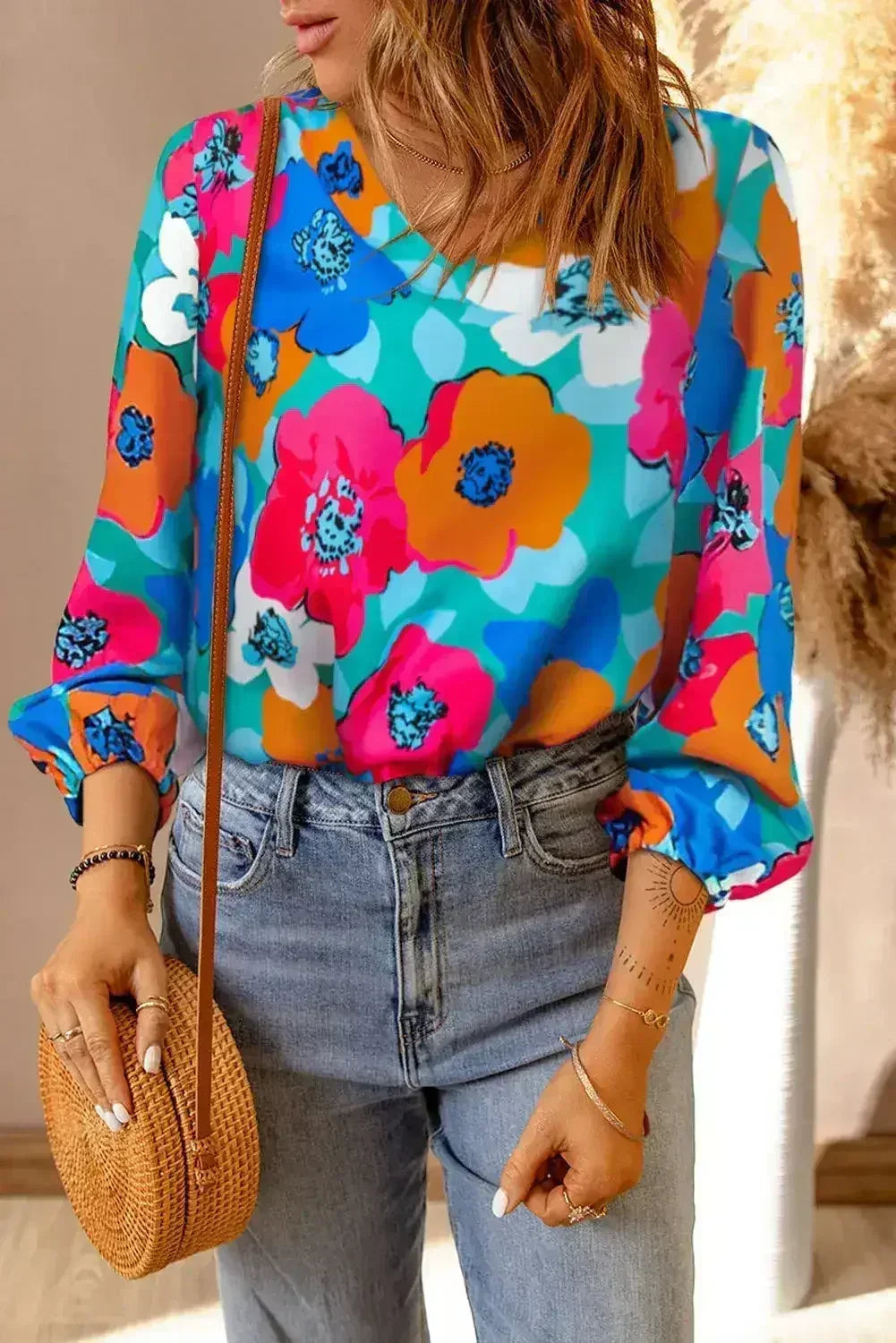 Floral V-Neck Blouse - 3/4 Sleeve Office Wear | Femstylo - Femstylo