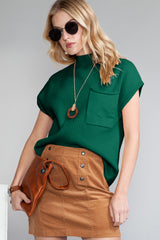 Green Patch Pocket Ribbed Knit Short Sleeve Sweater