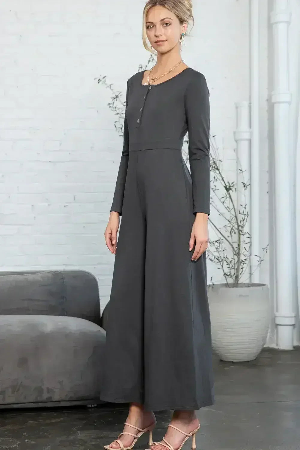 Dark Grey Henley Long Sleeve Wide Leg Jumpsuit with Pockets - Femstylo