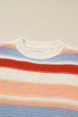 Pink Striped Colorblock Round Neck Drop Shoulder Sweater