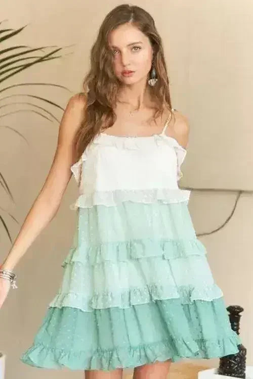 ADORA Swiss Dot Ruffled Tiered Mini Dress - Femstylo