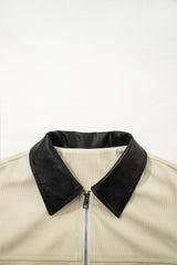 Parchment Contrast Leather Collar Textured Zip Up Jacket