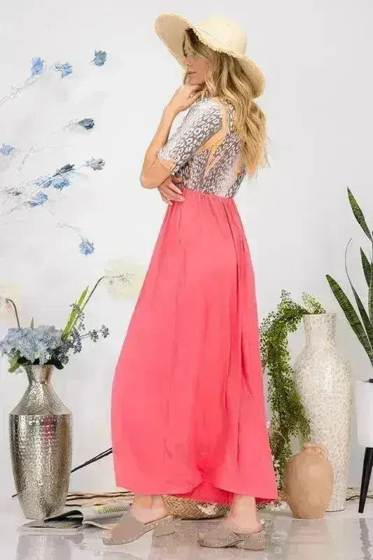 Celeste Full Size Leopard Round Neck Short Sleeve Maxi Dress Plus Size - Femstylo