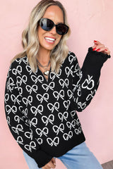 Black Cute Bow Pattern Drop Shoulder Zipped Collar Sweater - Femstylo
