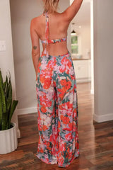Multicolour Floral Print Halter Neck Wide Leg Jumpsuit - Femstylo