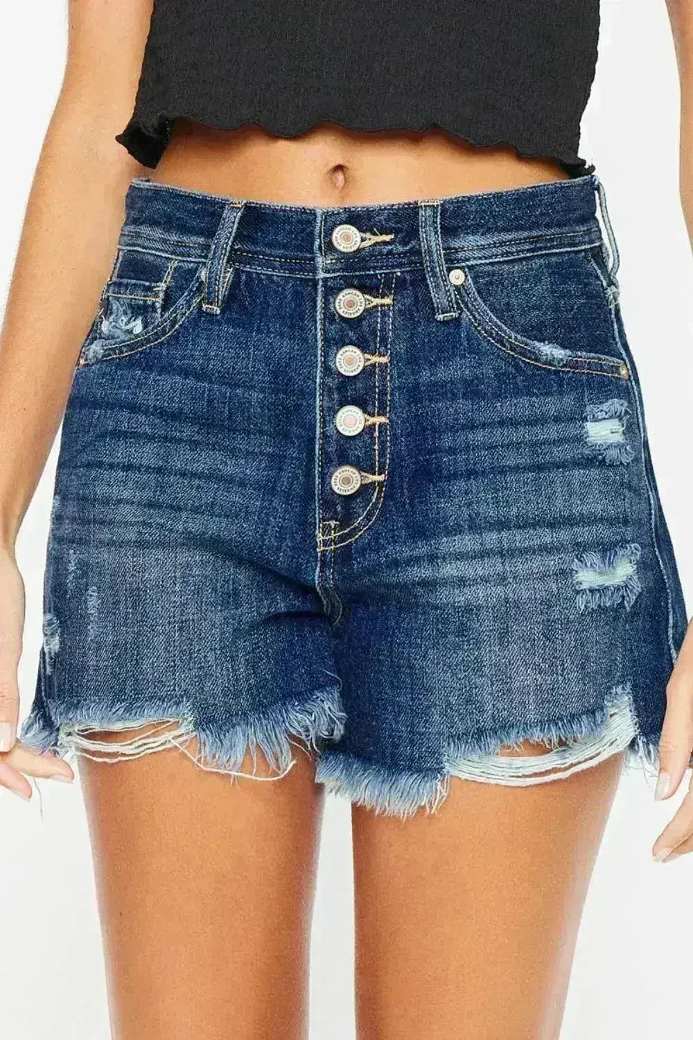 Kancan Raw Hem Button-Fly Denim Shorts - Femstylo