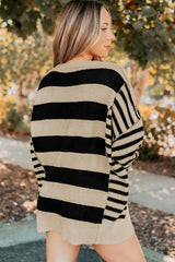Black Stripe Drop Shoulder Sleeve Patchwork Baggy Sweater
