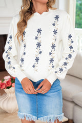 White Floral Embroidered Scallop Hem Cropped Sweater