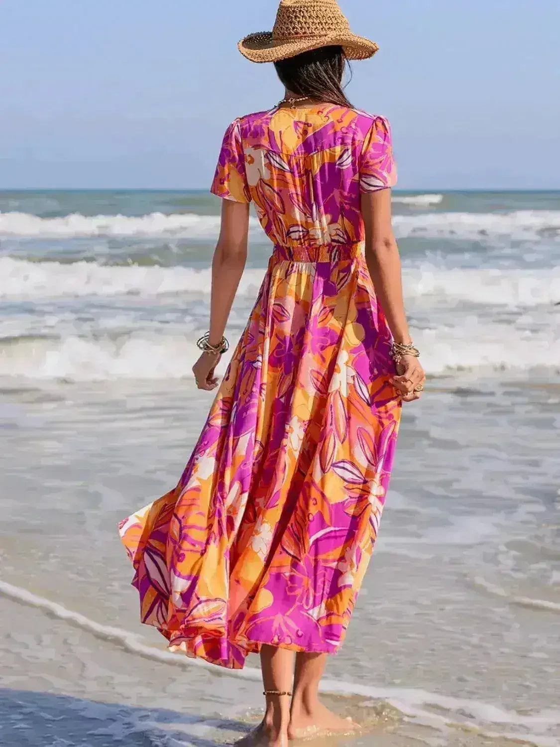 Printed V-Neck Midi Dress - Flowy Viscose Summer Dress | Femstylo - Femstylo