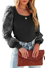 Black Flower Puff Sleeve Ribbed Knit Top - Femstylo