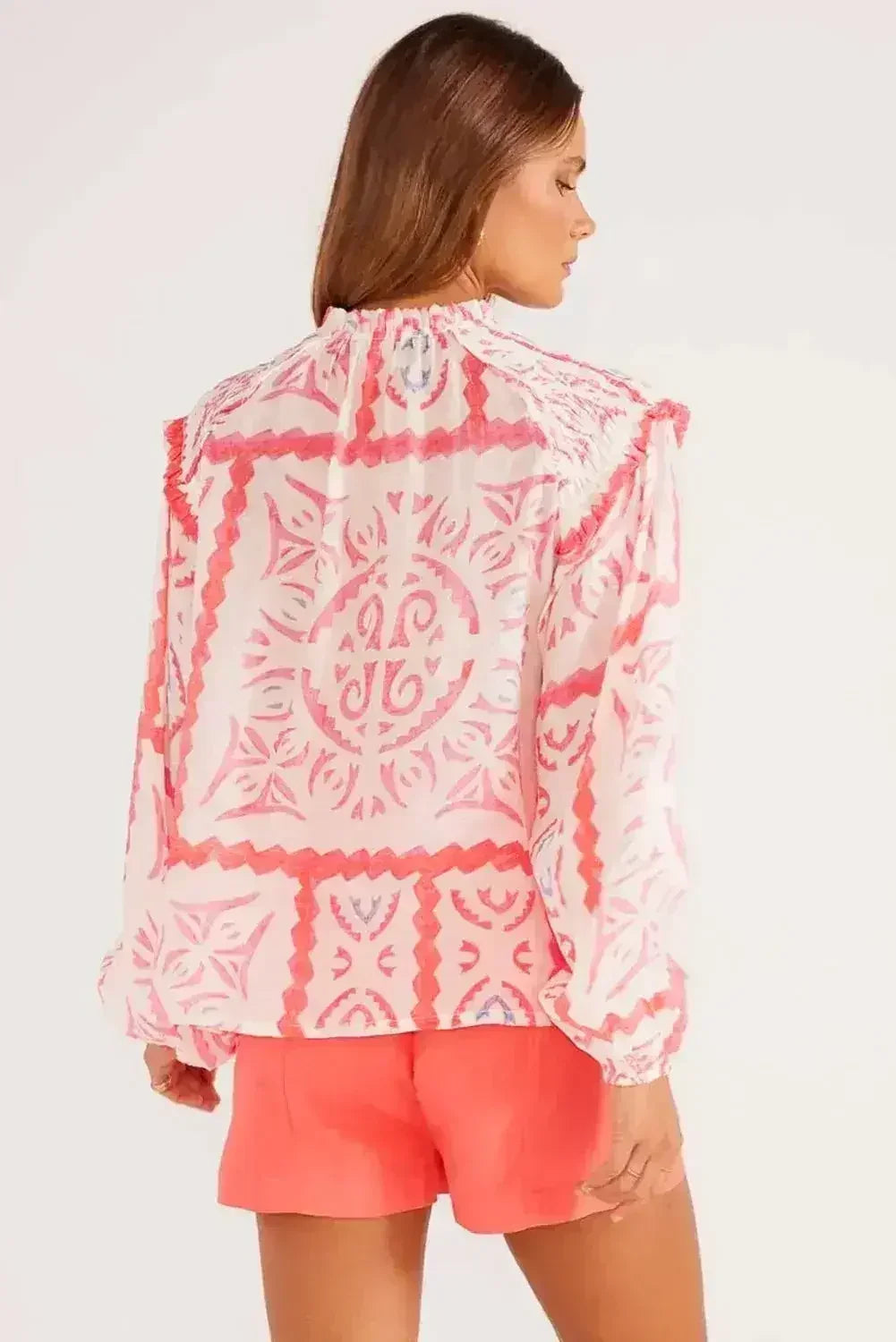 Desert Flower Vintage Print Smocked Poet Collar Blouse | Femstylo - Femstylo