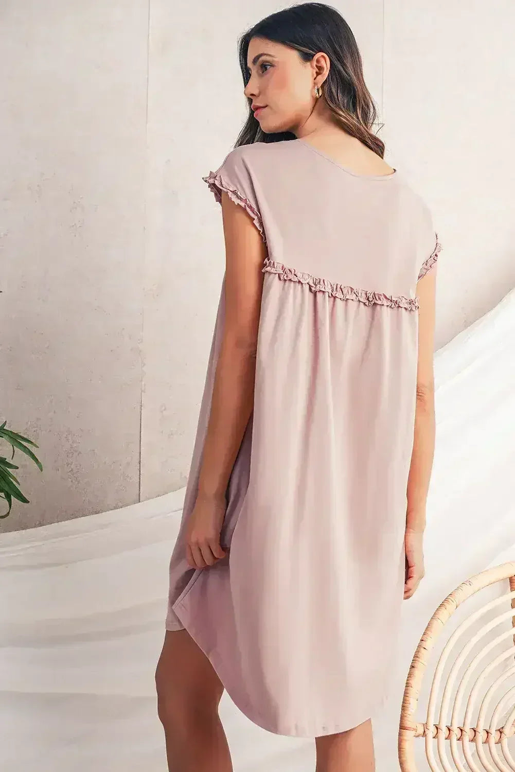 Oatmeal Frilled Trim Crewneck Loose Fit Mini Dress - Femstylo