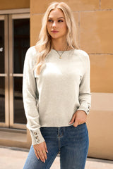 White Buttoned Cuffs Raglan Sleeve Knit Sweater