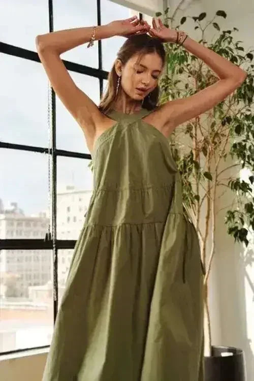 ADORA Crisscross Wide Strap Drawstring Detail Midi Dress - Femstylo