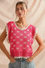 SO ME Bow Ribbon Pattern Sweater Top with Back Key Hole - Femstylo