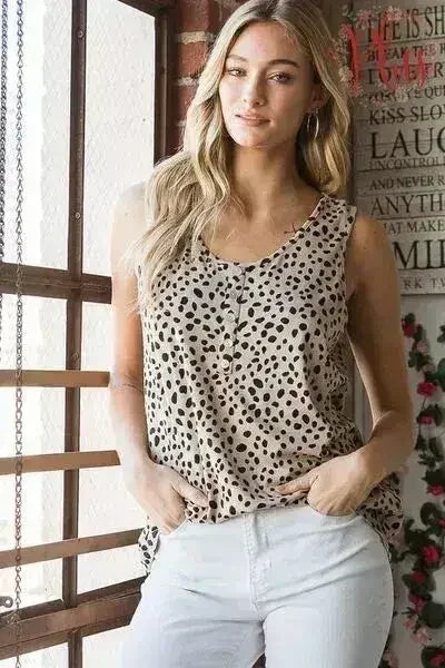 Heimish Full Size Front Button Animal Print Sleeveless Top Plus Size - Femstylo