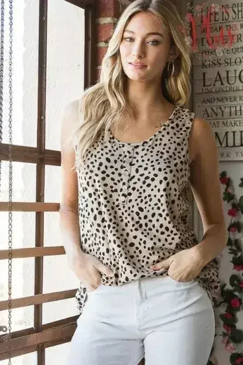 Heimish Full Size Front Button Animal Print Sleeveless Top Plus Size - Femstylo