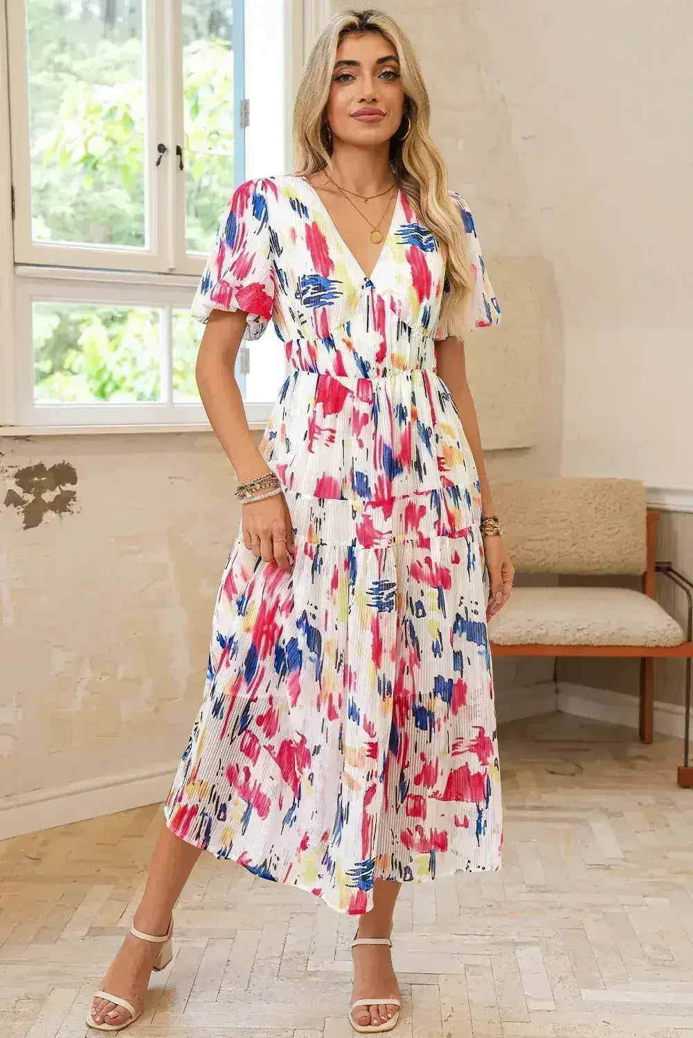 Sky Blue Abstract Print Short Puff Sleeve Tiered Maxi Dress - Femstylo