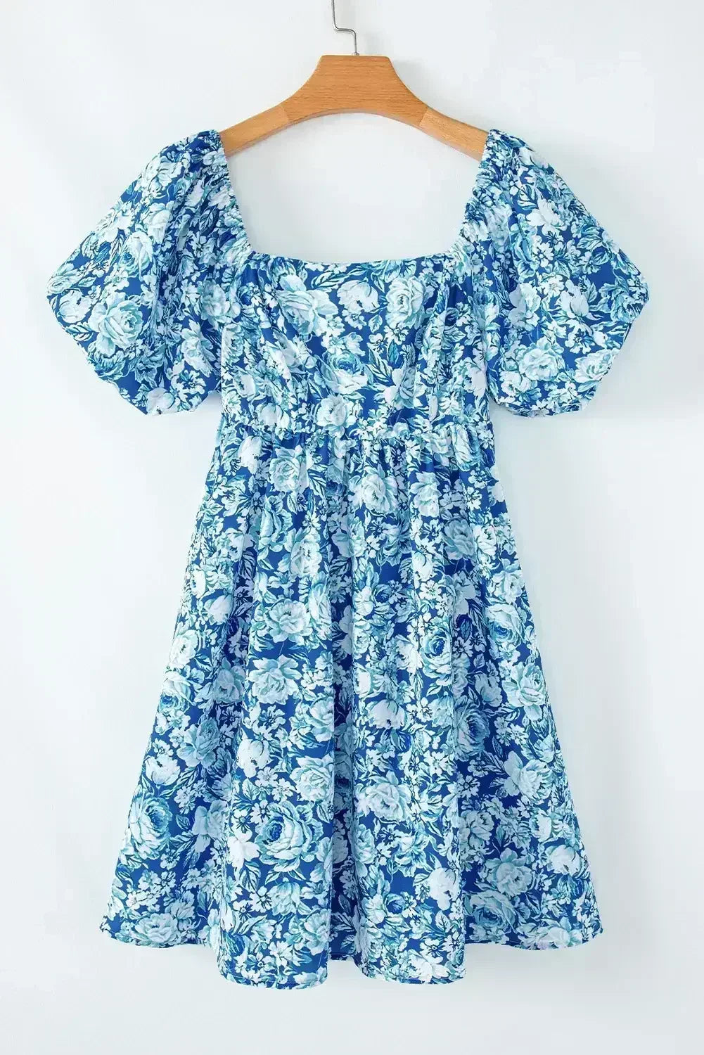 Blue Floral Puff Sleeve Babydoll Mini Dress - Femstylo