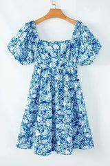 Blue Floral Puff Sleeve Babydoll Mini Dress - Femstylo