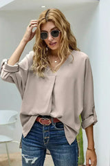 Elegant Apricot V Neck 3/4 Sleeve High Low Hem Shirt - Femstylo