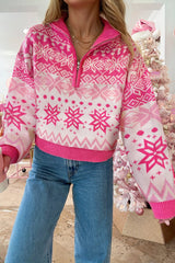 Rose Red Christmas Snowflake Quarter Zip Collard Sweater