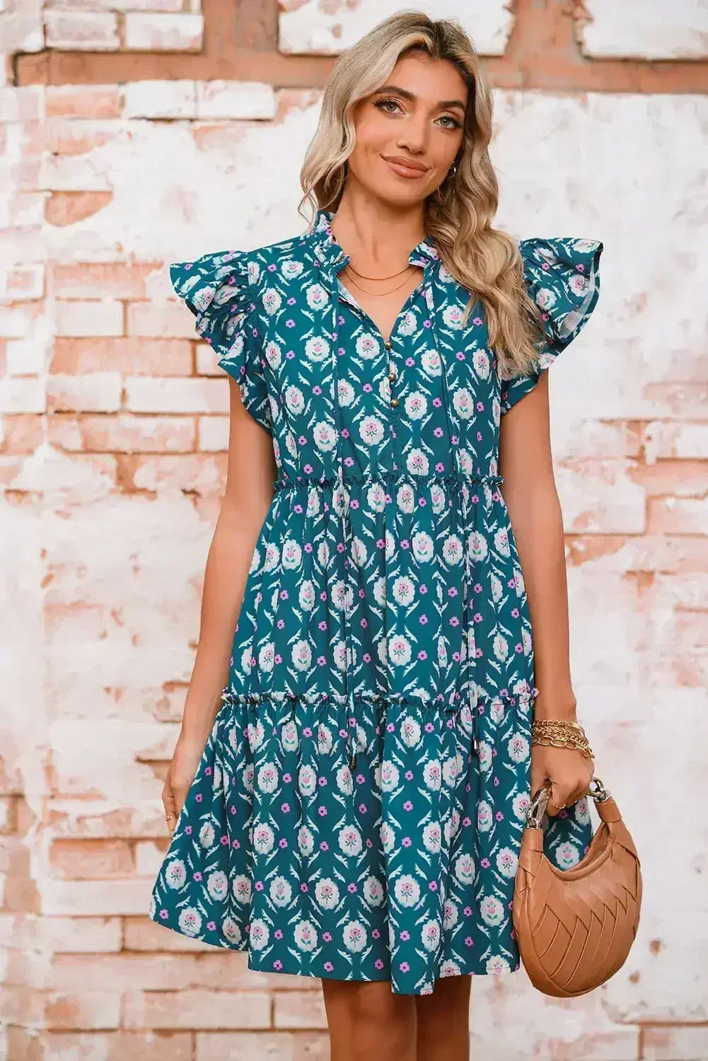 Blue Retro Floral Print Split Neck Ruffle Short Sleeve Dress - Femstylo